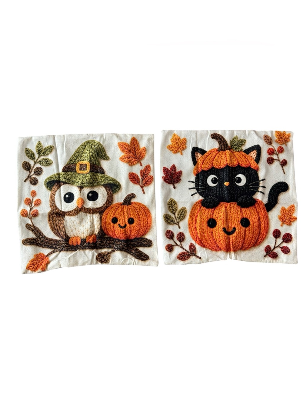 Halloween Owl & Cat Pumpkin Cushion Covers Set of 2 16x16 Fall Decor
